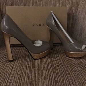 NEW Zara Gray Taupe Gold Heels Pumps 37 | 6.5